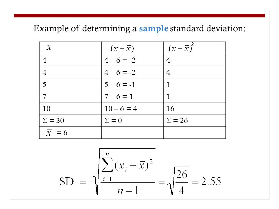Example of determining a sample standard deviation: 44 – 6 = – 6 = – 6 = – 6 = 416  = 30  = 0  = 26 = 6 2