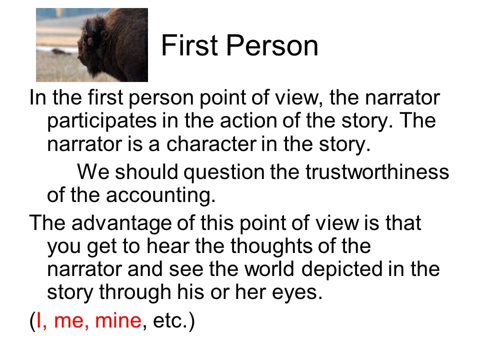First Person In the first person point of view, the narrator participates in the action of the story.