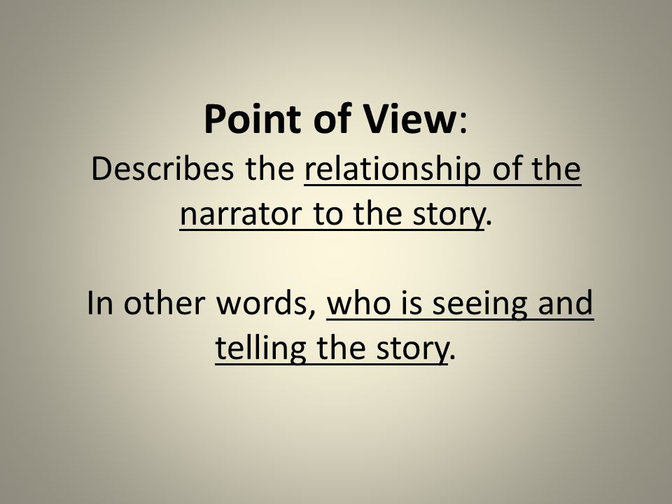 Point of View: Describes the relationship of the narrator to the story.