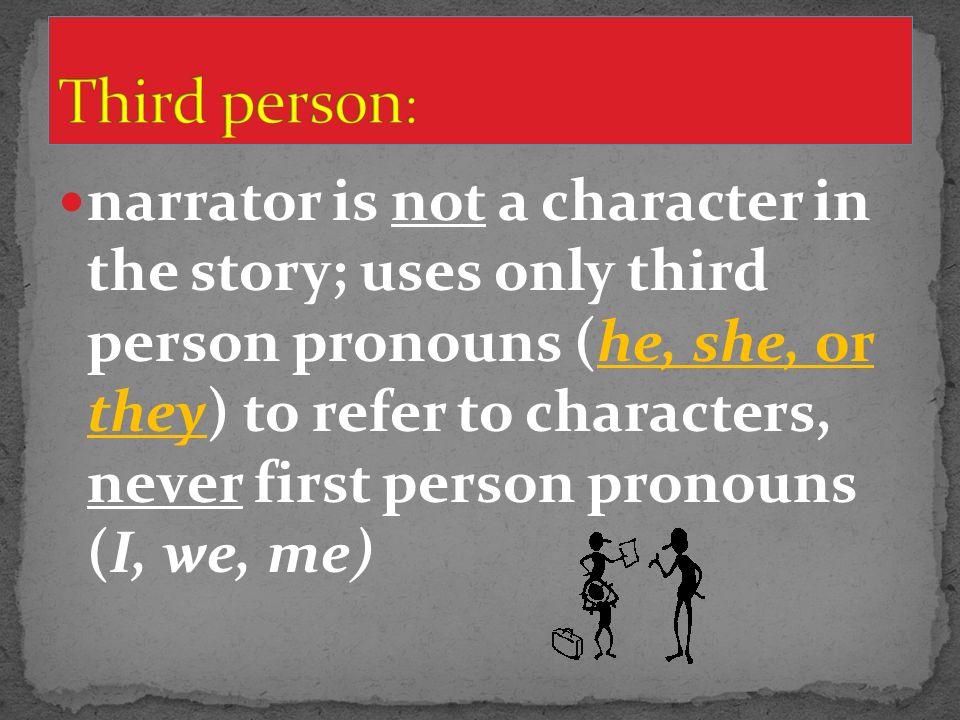 narrator is not a character in the story; uses only third person pronouns (he, she, or they) to refer to characters, never first person pronouns (I, we, me)