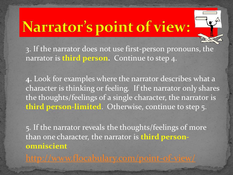 3. If the narrator does not use first-person pronouns, the narrator is third person.