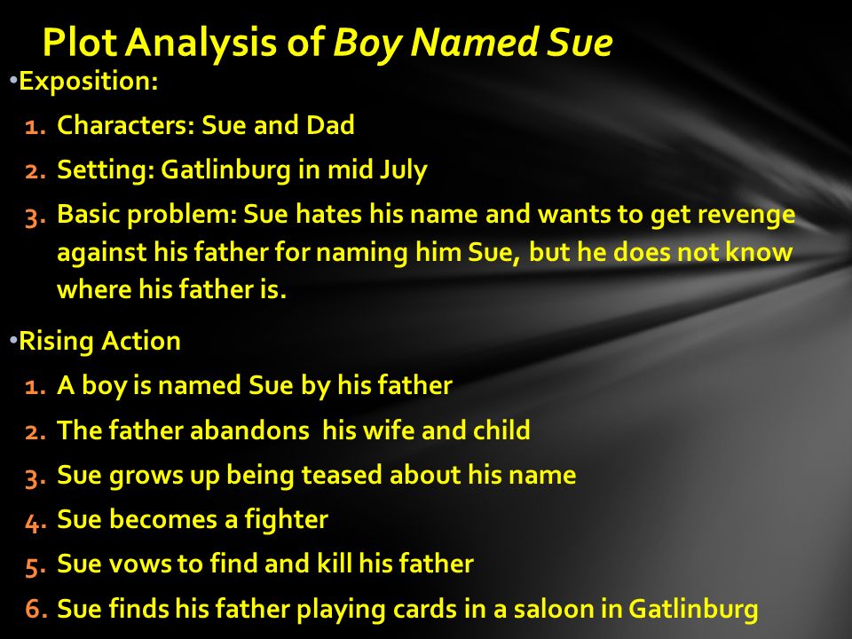 Exposition: 1.Characters: Sue and Dad 2.Setting: Gatlinburg in mid July 3.Basic problem: Sue hates his name and wants to get revenge against his father for naming him Sue, but he does not know where his father is.