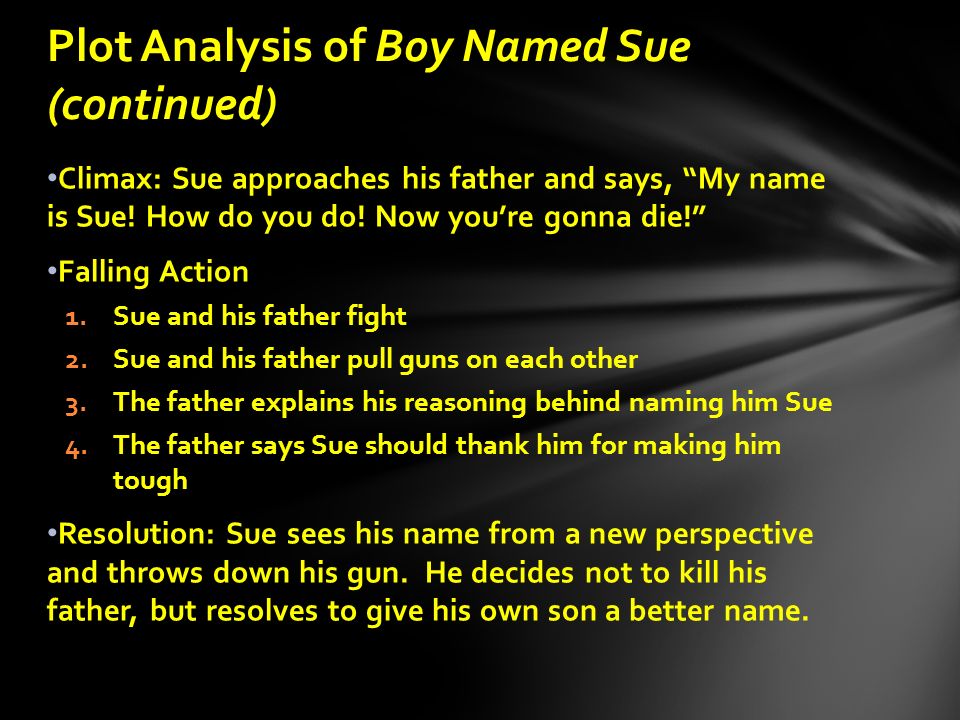 Climax: Sue approaches his father and says, My name is Sue.