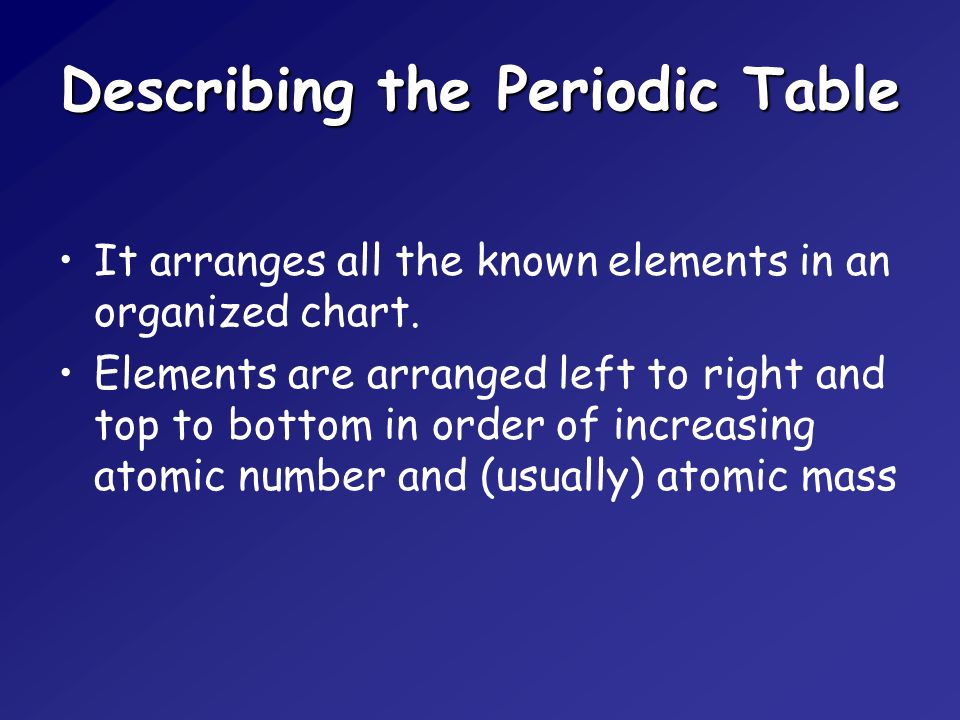 Describing the Periodic Table It arranges all the known elements in an organized chart.