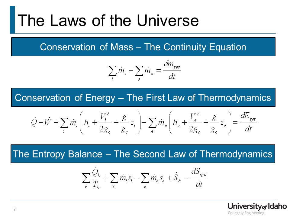 Department Of Mechanical Engineering Me 322 7 The Laws Of Universe Conservation Mass Continuity Equation Energy First Law Thermodynamics Entropy Balance