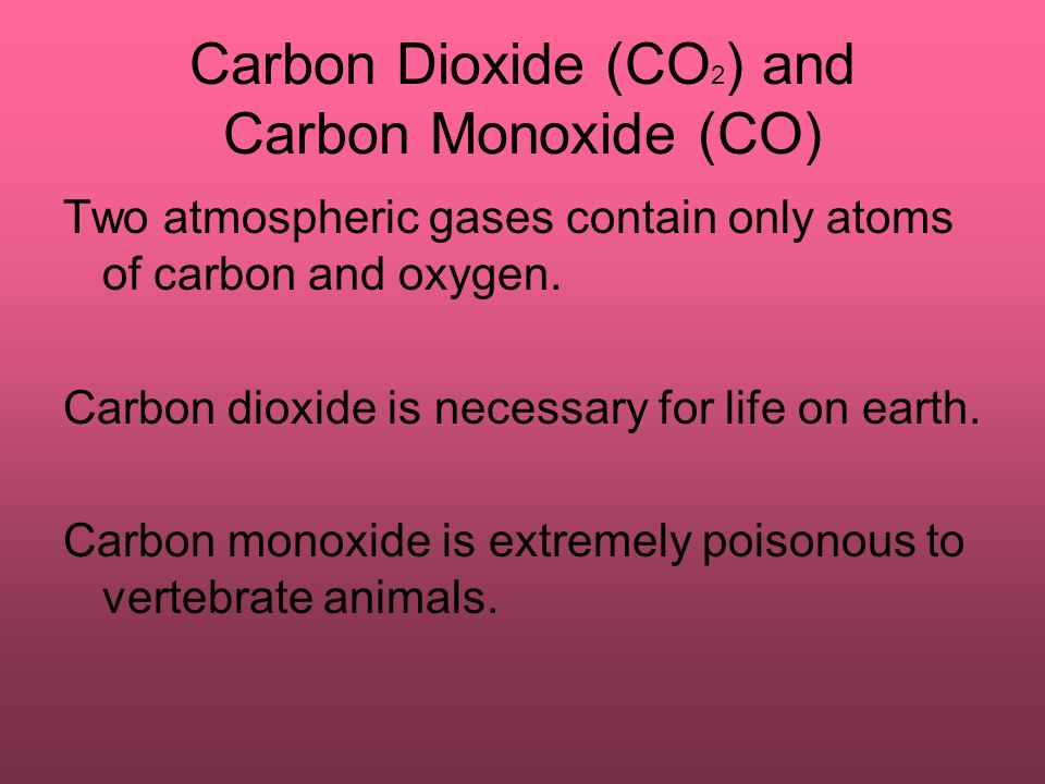 Carbon Dioxide (CO 2 ) and Carbon Monoxide (CO) Two atmospheric gases contain only atoms of carbon and oxygen.