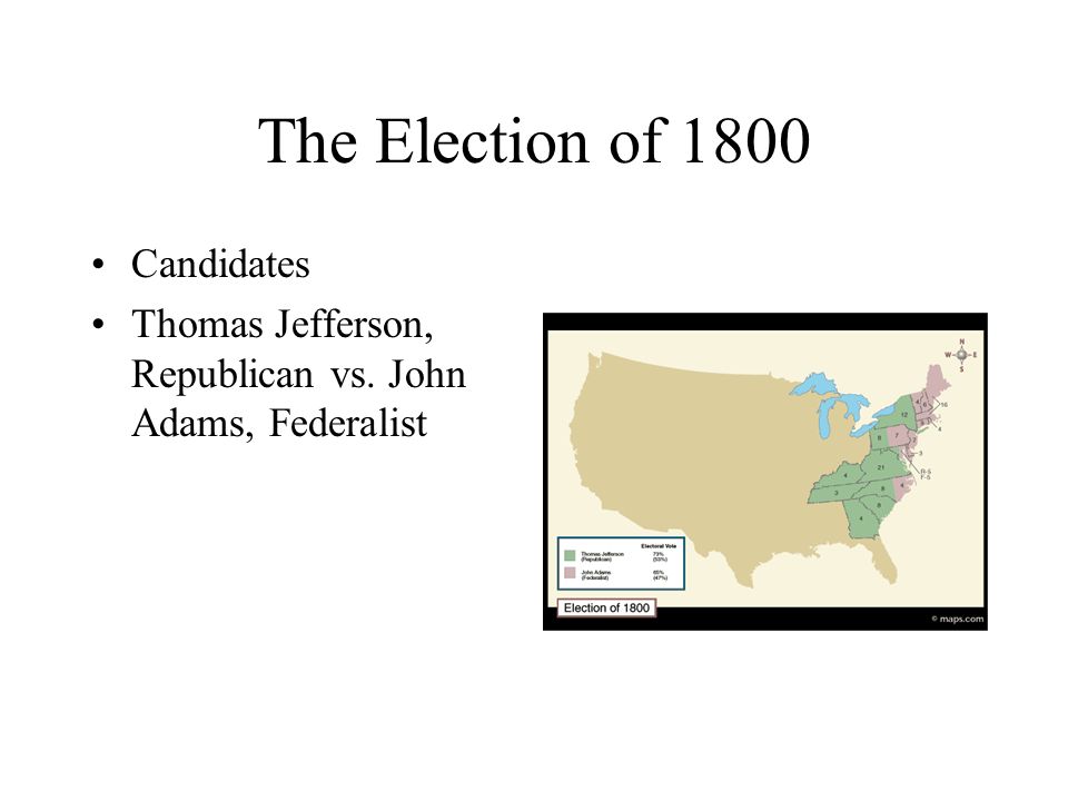 The Election of 1800 Candidates Thomas Jefferson, Republican vs. John Adams, Federalist