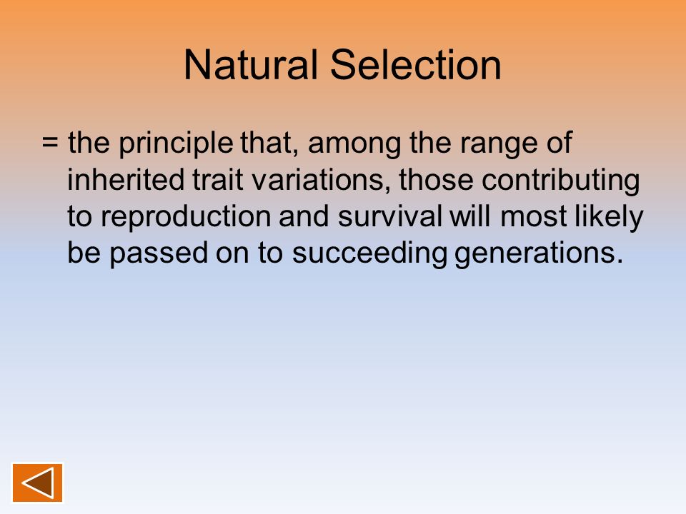 Natural Selection = the principle that, among the range of inherited trait variations, those contributing to reproduction and survival will most likely be passed on to succeeding generations.