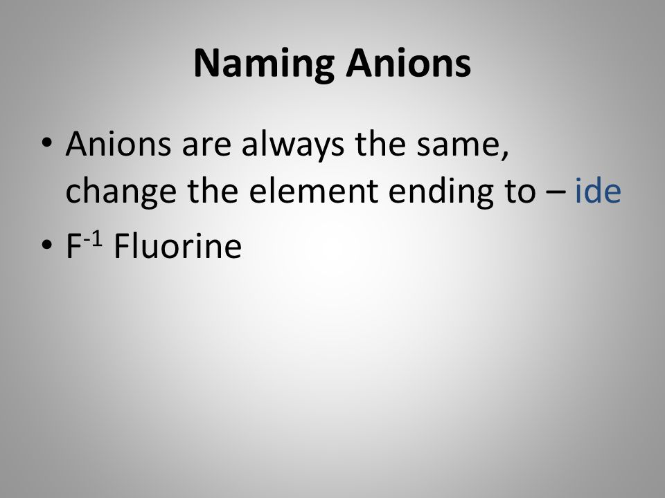 Naming Anions Anions are always the same, change the element ending to – ide F -1 Fluorine
