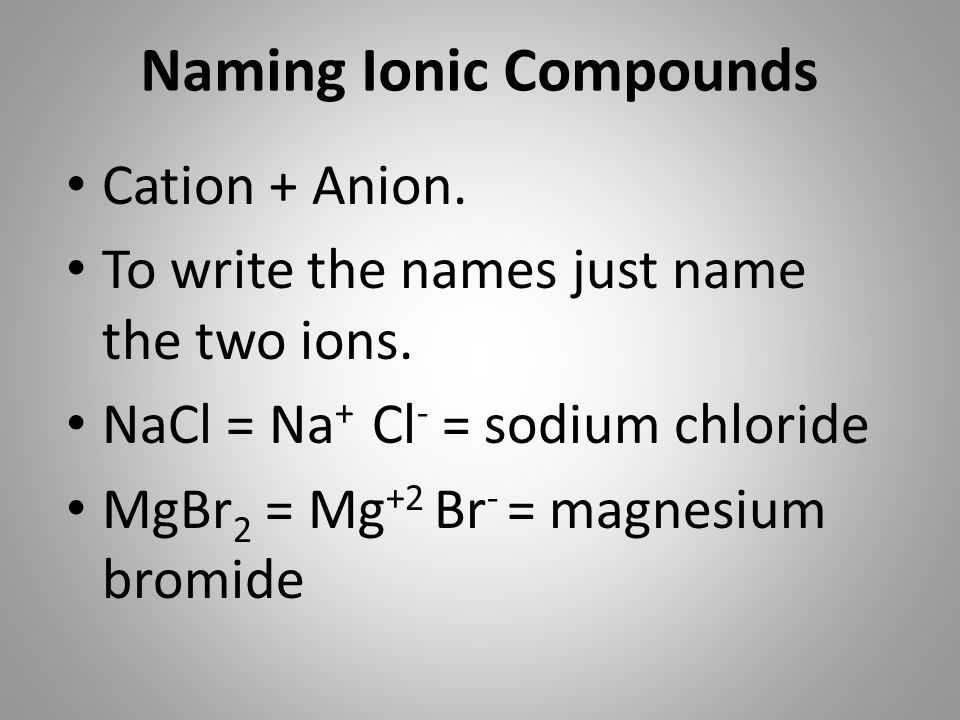 Naming Ionic Compounds Cation + Anion. To write the names just name the two ions.