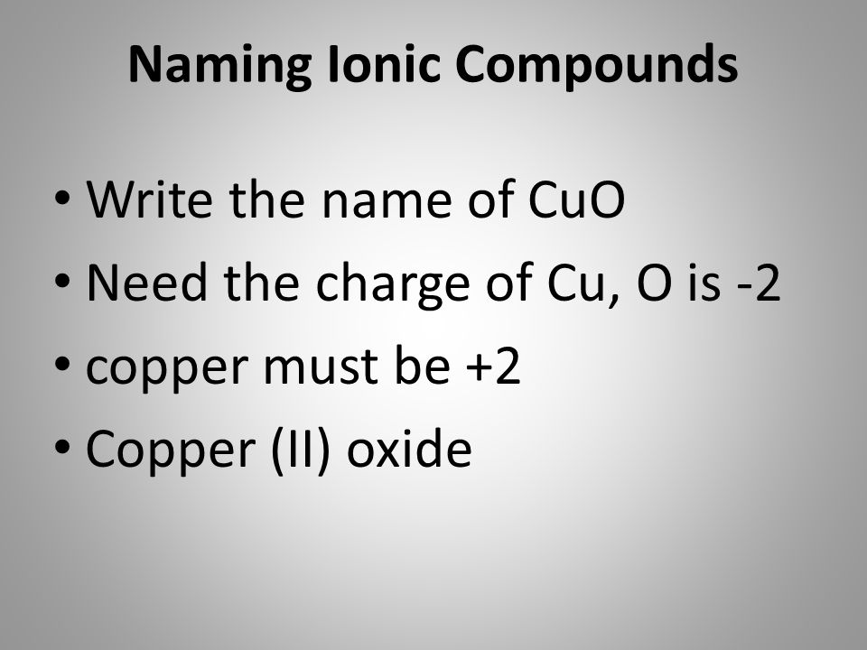 Write the name of CuO Need the charge of Cu, O is -2 copper must be +2 Copper (II) oxide Naming Ionic Compounds