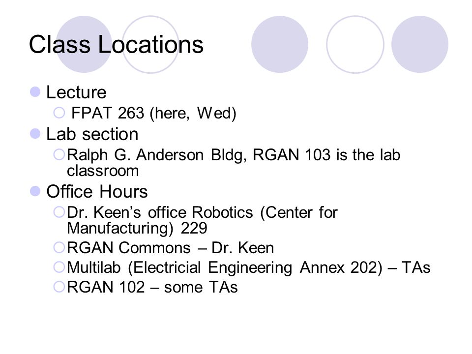 Class Locations Lecture  FPAT 263 (here, Wed) Lab section  Ralph G.