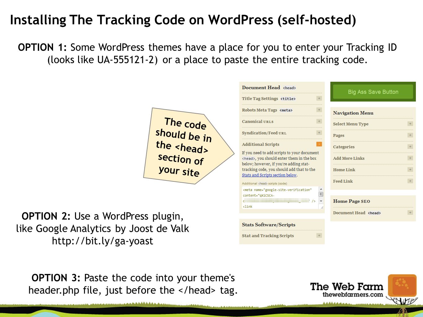 Installing The Tracking Code on WordPress (self-hosted) OPTION 1: Some WordPress themes have a place for you to enter your Tracking ID (looks like UA ) or a place to paste the entire tracking code.