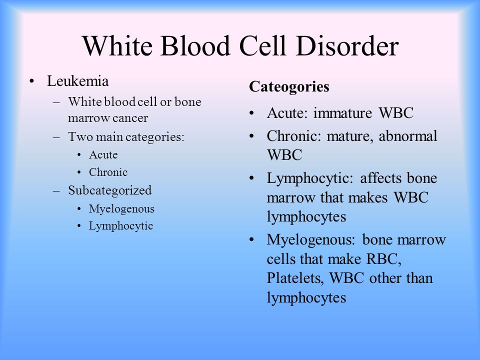 White Blood Cell Disorder Leukemia –White blood cell or bone marrow cancer –Two main categories: Acute Chronic –Subcategorized Myelogenous Lymphocytic Cateogories Acute: immature WBC Chronic: mature, abnormal WBC Lymphocytic: affects bone marrow that makes WBC lymphocytes Myelogenous: bone marrow cells that make RBC, Platelets, WBC other than lymphocytes