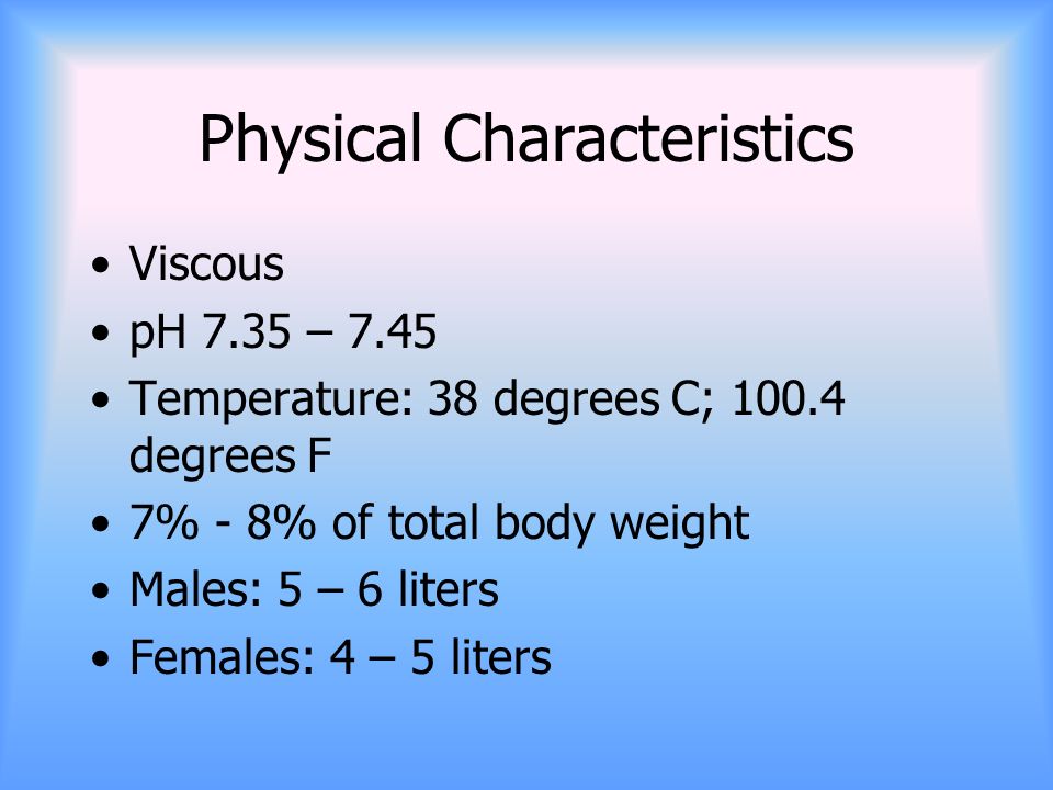 Physical Characteristics Viscous pH 7.35 – 7.45 Temperature: 38 degrees C; degrees F 7% - 8% of total body weight Males: 5 – 6 liters Females: 4 – 5 liters