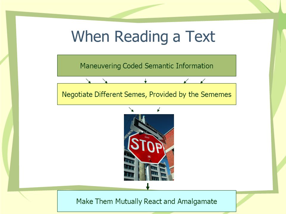 When Reading a Text Maneuvering Coded Semantic Information Negotiate Different Semes, Provided by the Sememes Make Them Mutually React and Amalgamate