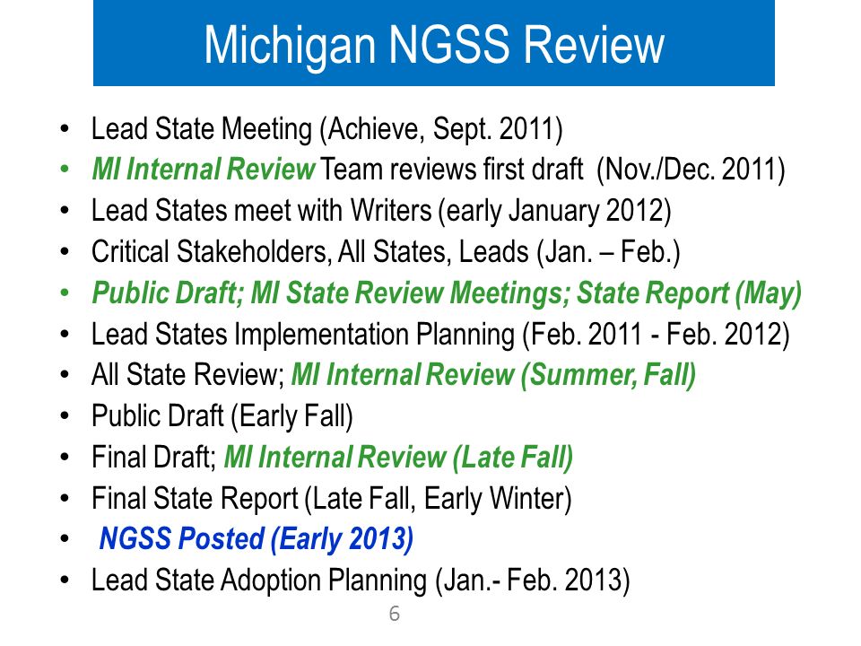 Lead State Meeting (Achieve, Sept. 2011) MI Internal Review Team reviews first draft (Nov./Dec.
