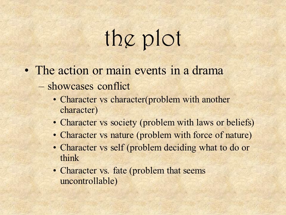 the plot The action or main events in a drama –showcases conflict Character vs character(problem with another character) Character vs society (problem with laws or beliefs) Character vs nature (problem with force of nature) Character vs self (problem deciding what to do or think Character vs.