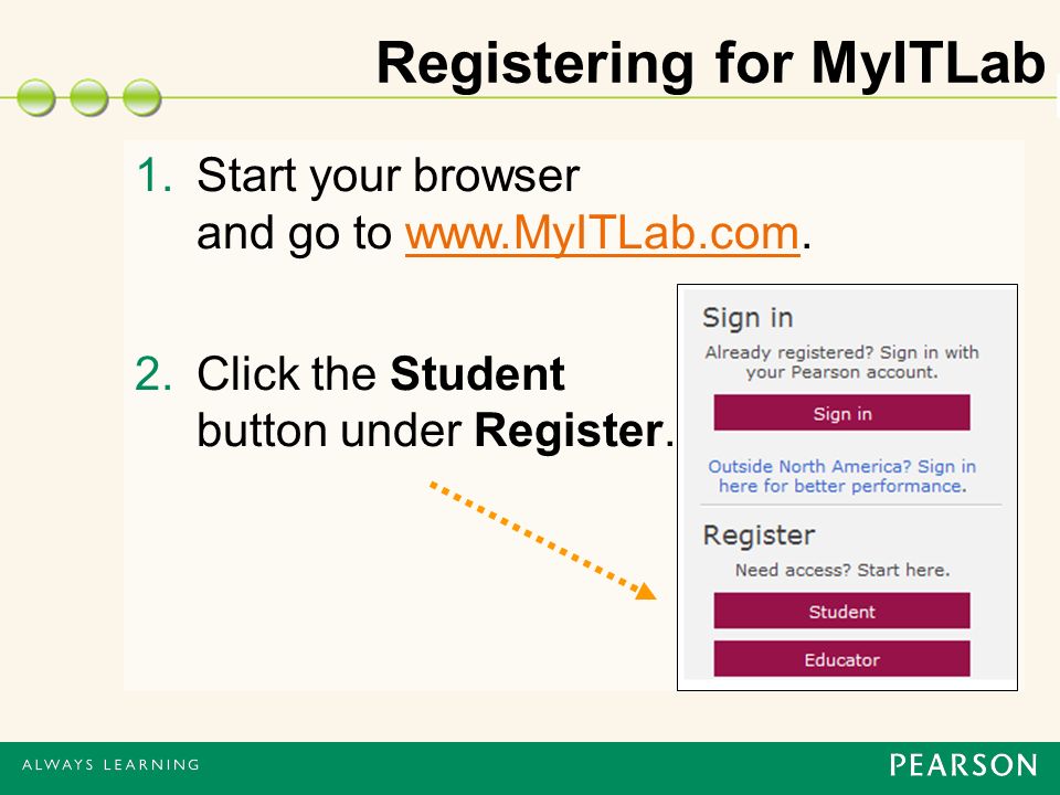 Registering for MyITLab 1.Start your browser and go to   2.Click the Student button under Register.