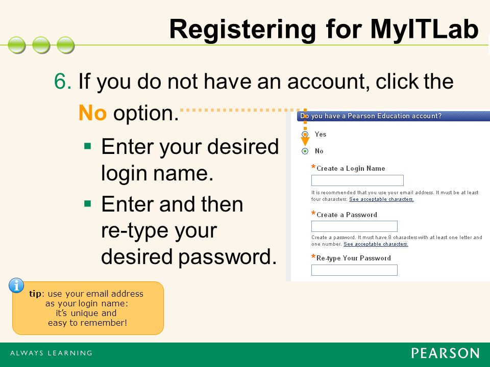 Registering for MyITLab 6. If you do not have an account, click the No option.