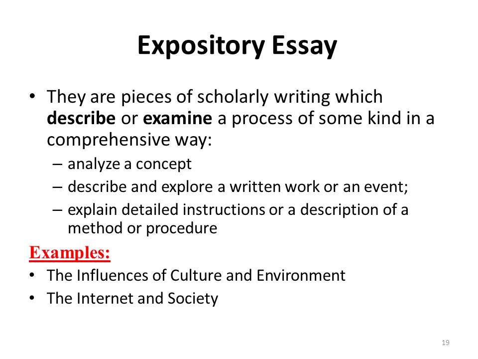 They are pieces of scholarly writing which describe or examine a process of some kind in a comprehensive way: – analyze a concept – describe and explore a written work or an event; – explain detailed instructions or a description of a method or procedure Examples: The Influences of Culture and Environment The Internet and Society 19 Expository Essay