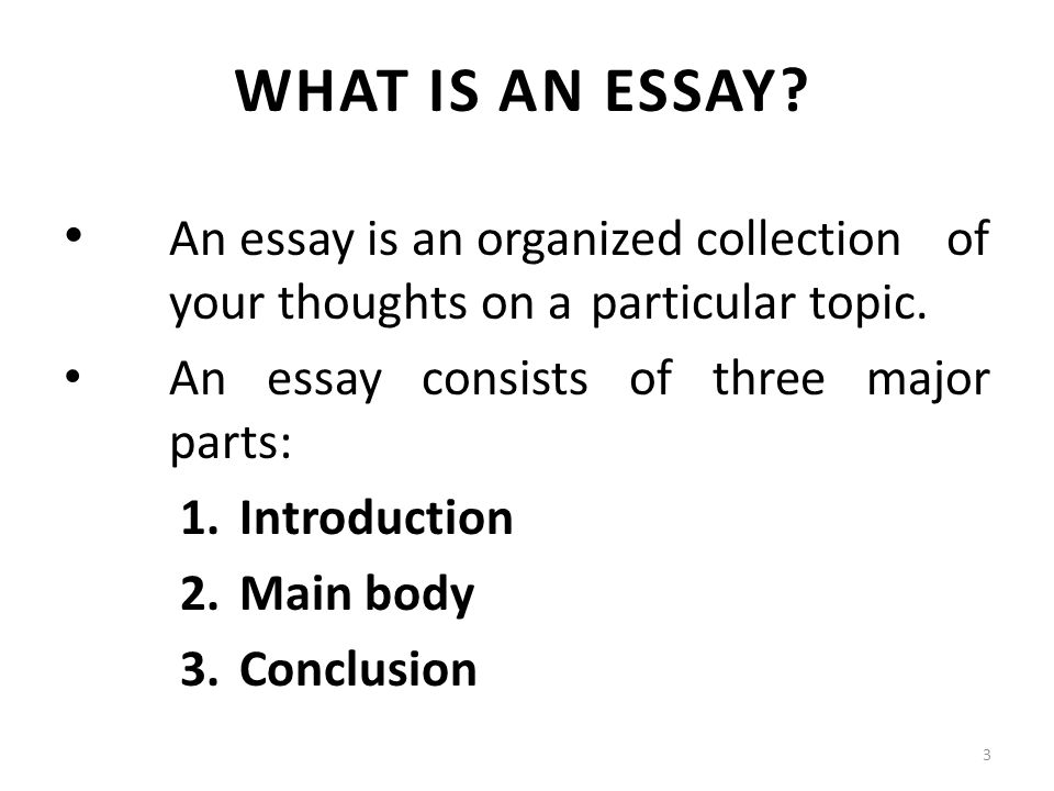 An essay is an organized collection of your thoughts on a particular topic.