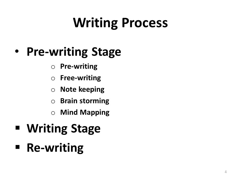 Writing Process Pre-writing Stage o Pre-writing o Free-writing o Note keeping o Brain storming o Mind Mapping  Writing Stage  Re-writing 4