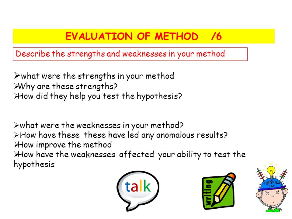 EVALUATION OF METHOD /6  what were the strengths in your method  Why are these strengths.