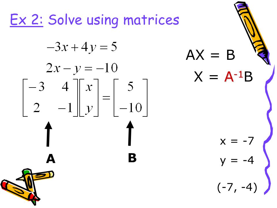 Ex 2: Solve using matrices x = -7 y = -4 A B A -1 X = A -1 B AX = B (-7, -4)