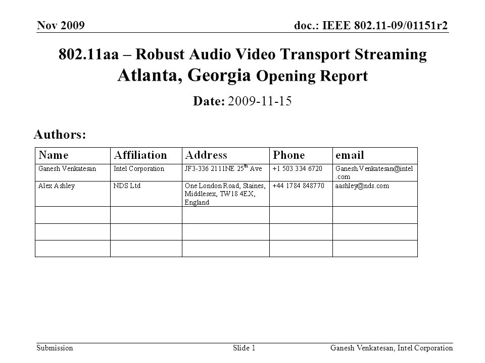 doc.: IEEE /01151r2 Submission aa – Robust Audio Video Transport Streaming Atlanta, Georgia Opening Report Date: Authors: Nov 2009 Ganesh Venkatesan, Intel CorporationSlide 1
