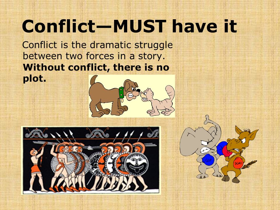 Conflict—MUST have it Conflict is the dramatic struggle between two forces in a story.