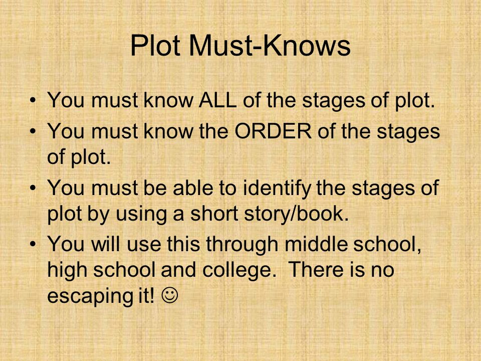 Plot Must-Knows You must know ALL of the stages of plot.
