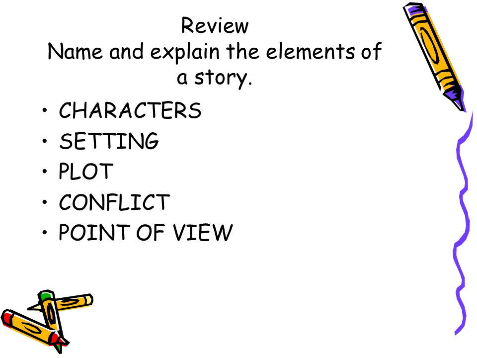 Review Name and explain the elements of a story. CHARACTERS SETTING PLOT CONFLICT POINT OF VIEW