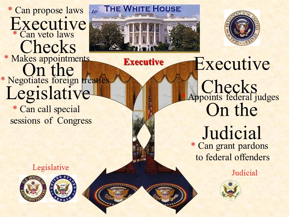 Executive Checks On the Legislative Executive Judicial * Can propose laws * Can veto laws * Can call special sessions of Congress * Makes appointments * Negotiates foreign treaties * Can grant pardons to federal offenders Executive Checks On the Judicial * Appoints federal judges