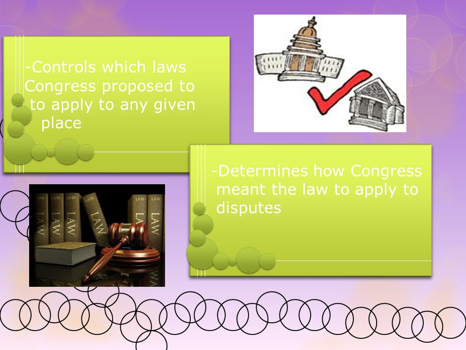 -Controls which laws Congress proposed to to apply to any given place -Controls which laws Congress proposed to to apply to any given place -Determines how Congress meant the law to apply to disputes -Determines how Congress meant the law to apply to disputes