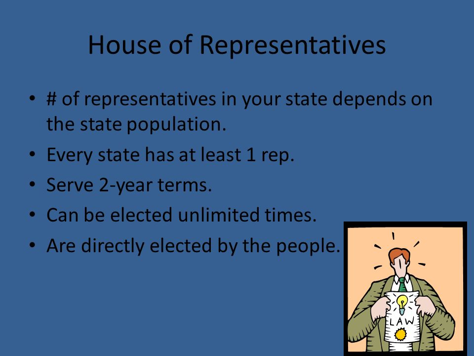 House of Representatives # of representatives in your state depends on the state population.