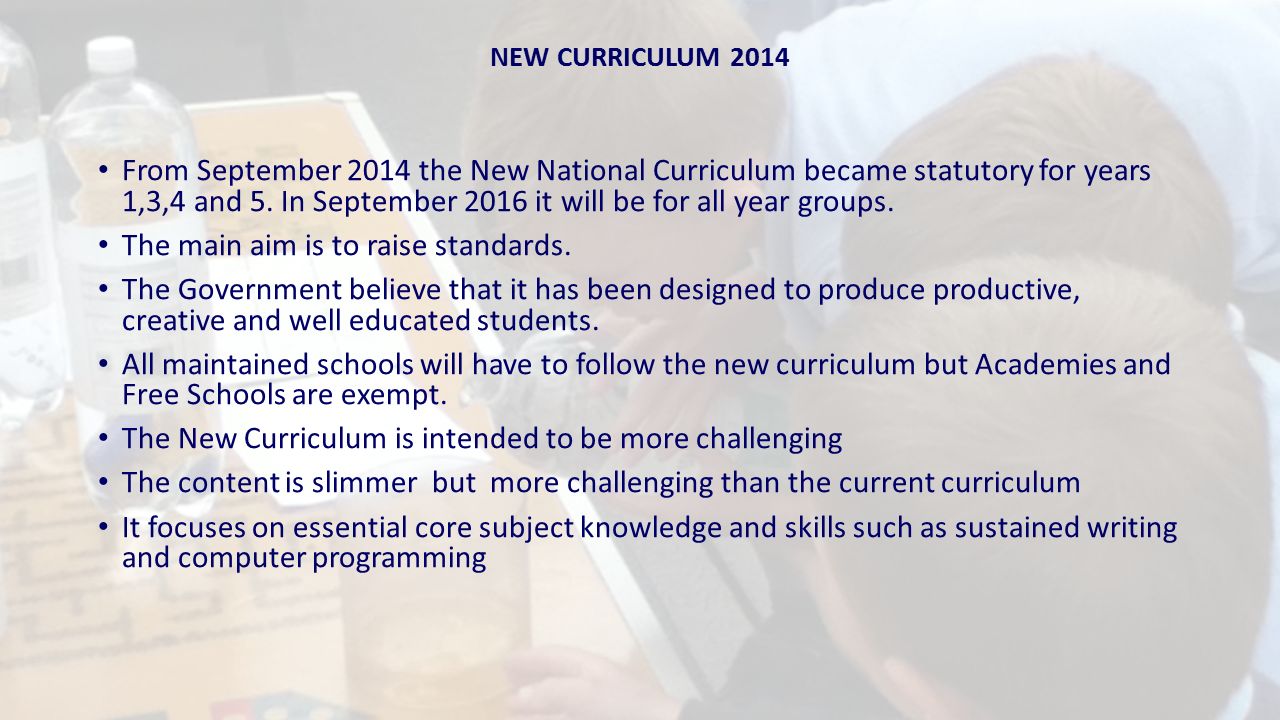 From September 2014 the New National Curriculum became statutory for years 1,3,4 and 5.