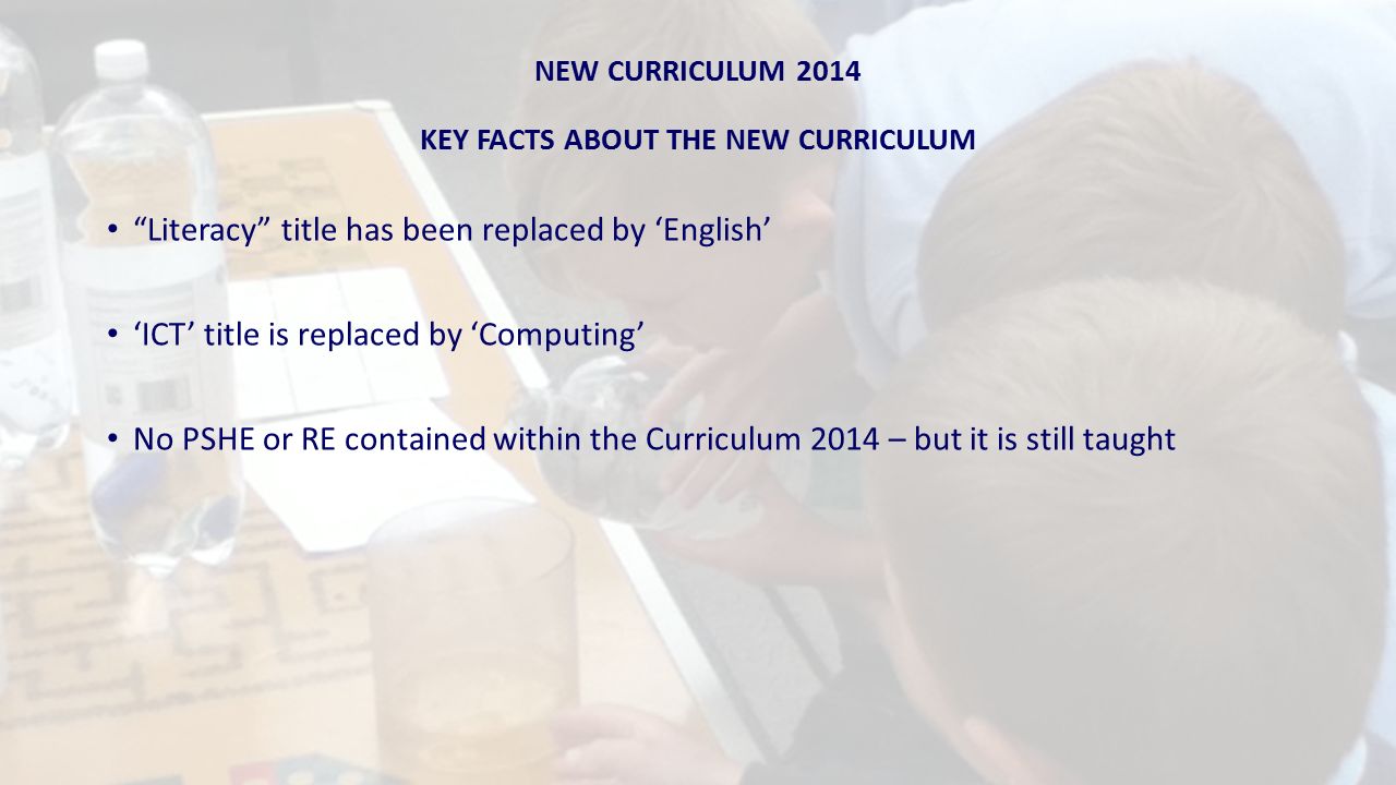 NEW CURRICULUM 2014 KEY FACTS ABOUT THE NEW CURRICULUM Literacy title has been replaced by ‘English’ ‘ICT’ title is replaced by ‘Computing’ No PSHE or RE contained within the Curriculum 2014 – but it is still taught