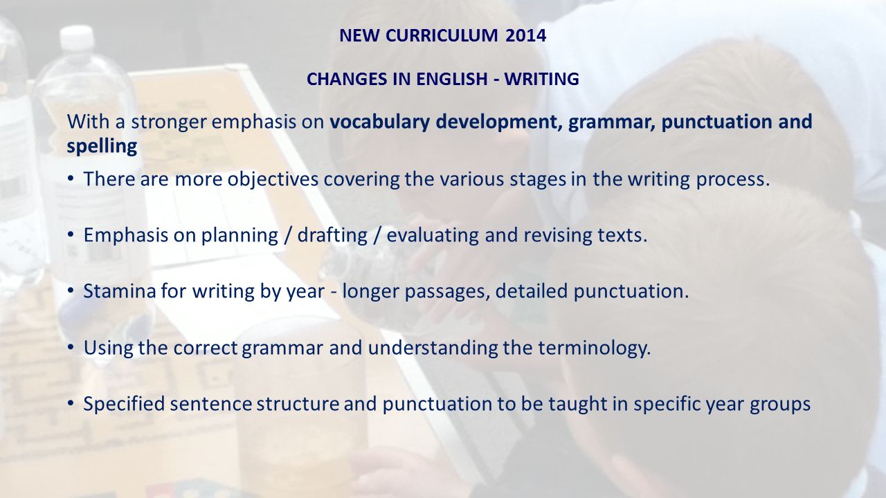 NEW CURRICULUM 2014 CHANGES IN ENGLISH - WRITING With a stronger emphasis on vocabulary development, grammar, punctuation and spelling There are more objectives covering the various stages in the writing process.
