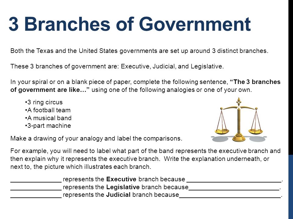 3 Branches of Government Both the Texas and the United States governments are set up around 3 distinct branches.