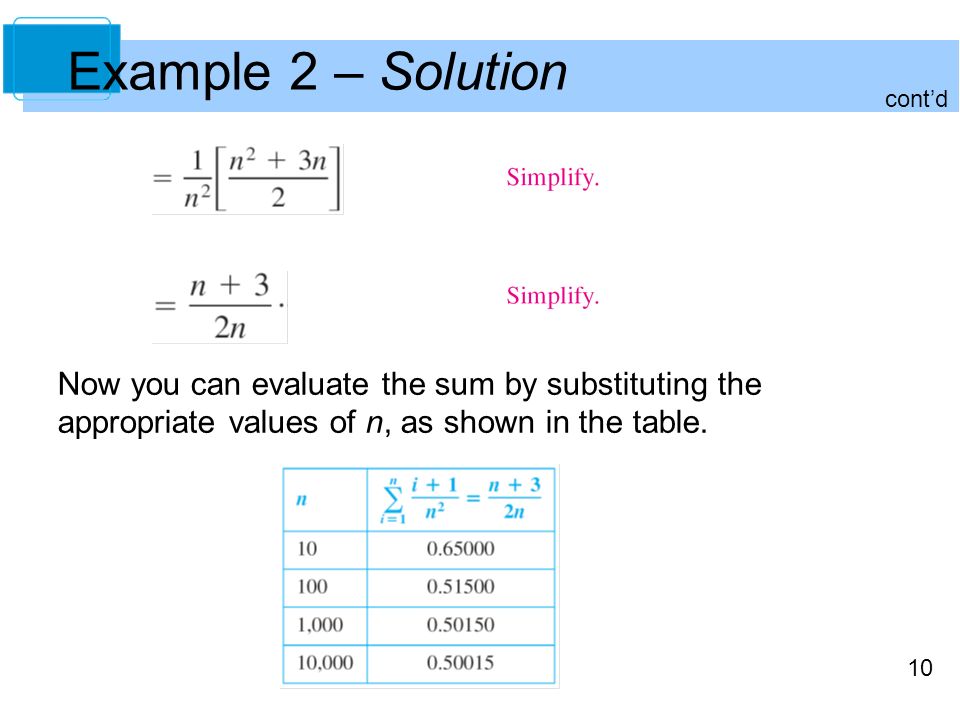 10 Example 2 – Solution cont’d Now you can evaluate the sum by substituting the appropriate values of n, as shown in the table.