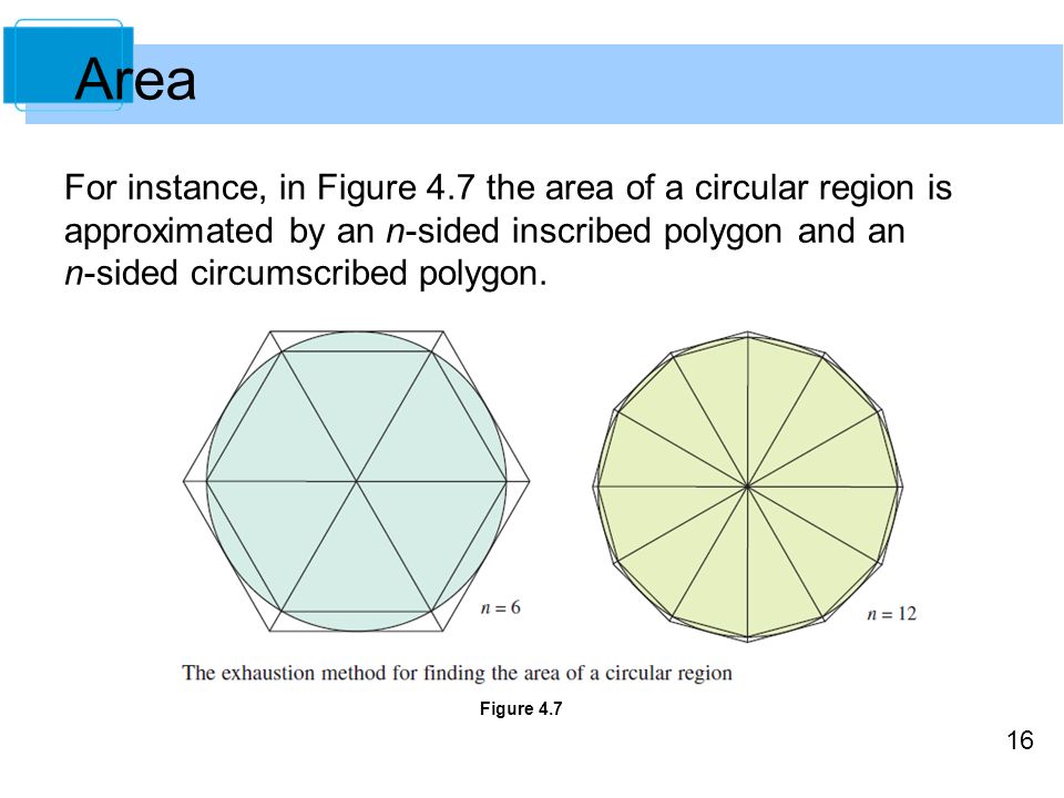 16 For instance, in Figure 4.7 the area of a circular region is approximated by an n-sided inscribed polygon and an n-sided circumscribed polygon.