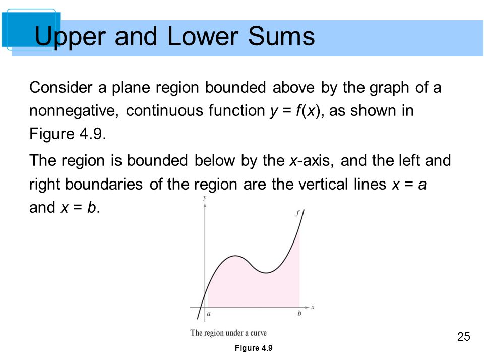25 Upper and Lower Sums Consider a plane region bounded above by the graph of a nonnegative, continuous function y = f (x), as shown in Figure 4.9.
