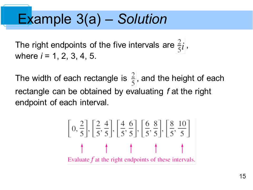 15 Example 3(a) – Solution The right endpoints of the five intervals are, where i = 1, 2, 3, 4, 5.
