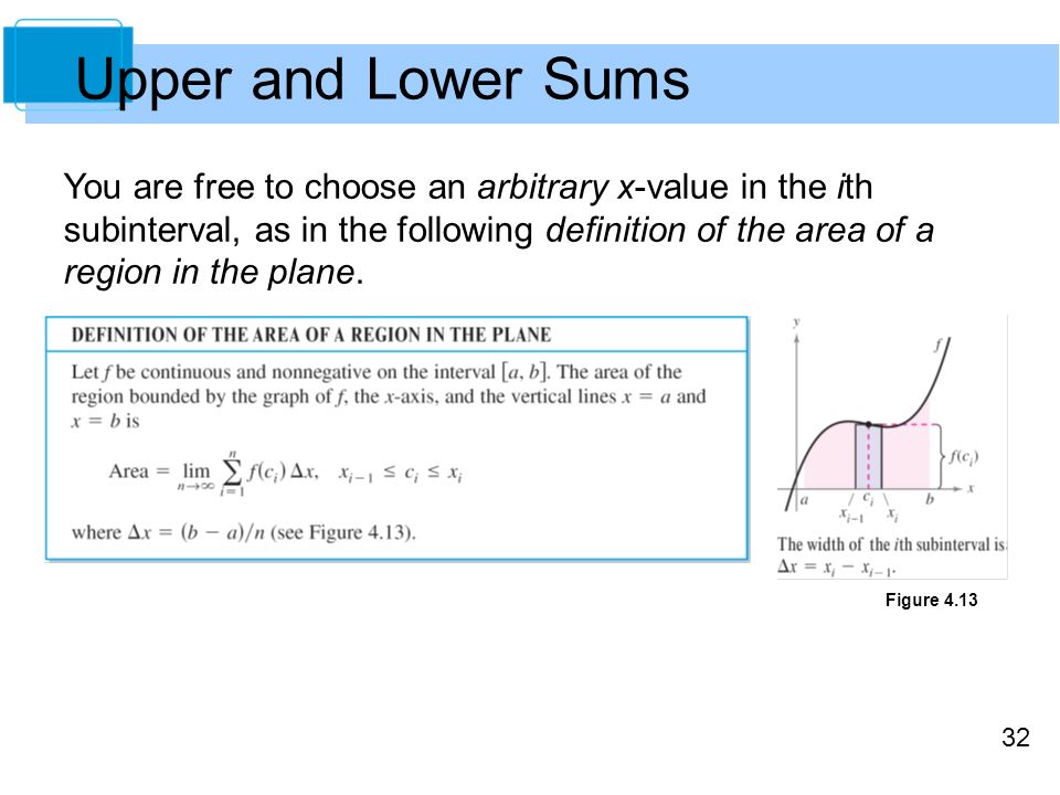 32 Upper and Lower Sums You are free to choose an arbitrary x-value in the ith subinterval, as in the following definition of the area of a region in the plane.