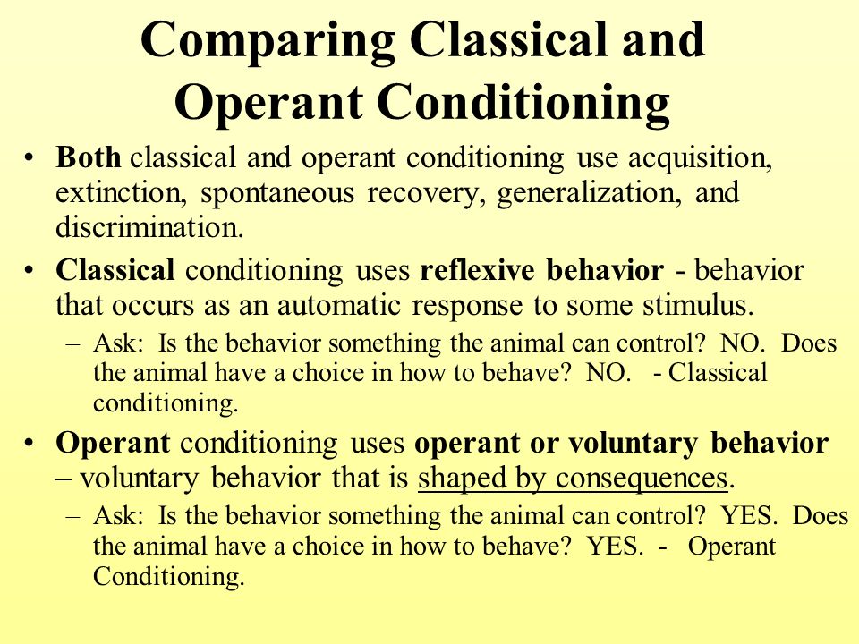 compare contrast operant classical conditioning Differences between classical and operant conditioning classical conditioning operant conditioning in classical conditioning, the organism learns an. compare contrast operant classical conditioning Differences between classical and operant conditioning classical conditioning operant conditioning in classical conditioning, the organism learns an.
