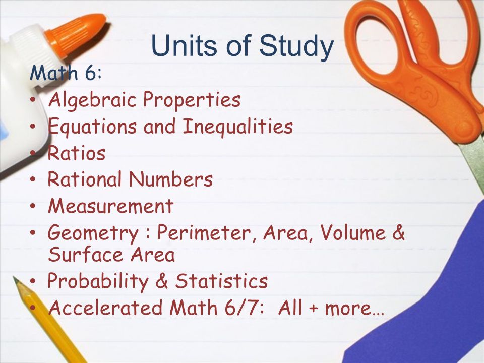 Units of Study Math 6: Algebraic Properties Equations and Inequalities Ratios Rational Numbers Measurement Geometry : Perimeter, Area, Volume & Surface Area Probability & Statistics Accelerated Math 6/7: All + more…