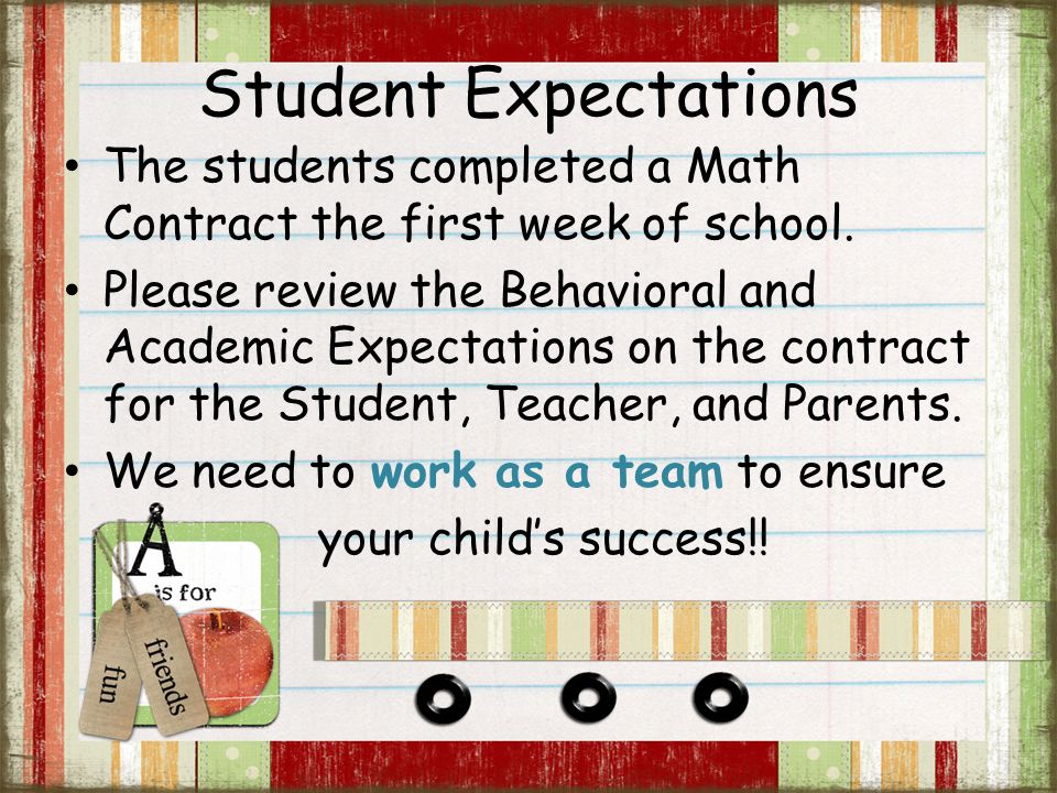 Student Expectations The students completed a Math Contract the first week of school.