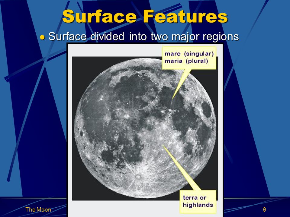 9 Surface Features Surface divided into two major regions Surface divided into two major regions