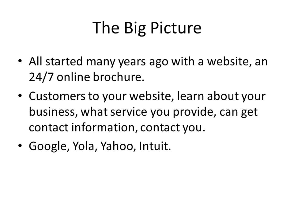 The Big Picture All started many years ago with a website, an 24/7 online brochure.
